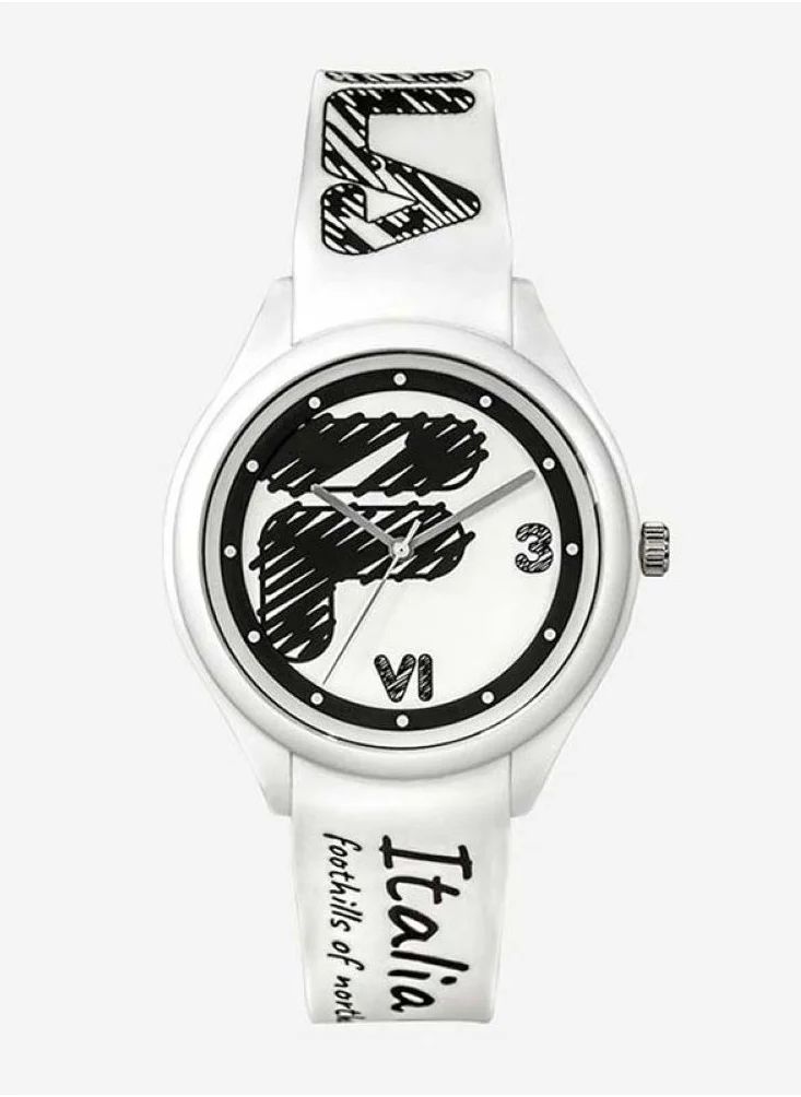 فيلا FILA ADULT UNISEX ANALOGUE WATCH PLASTIC CASE WHITE SILICONE STRAP, 38-321-303