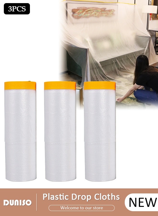 DUNISO 3 packs Plastic Drop Cloths, Waterproof Anti-Dust Furniture Cover With Adhesive Strip, Thicken Painters Drop Cloth, Disposable Plastic Cover for Painting Protection, Large Anti Dust Clear Cover for Sofa Furniture Floor Wall Protection - Image 1