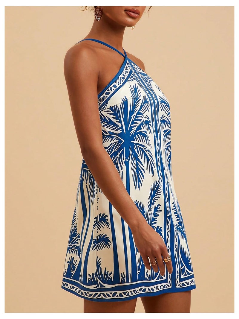 MakeMeChic Women's Backless Dress Tropical Vacation Outfits Halter Cami Summer Boho Beach Mini Dresses Blue and White Small - Image 3