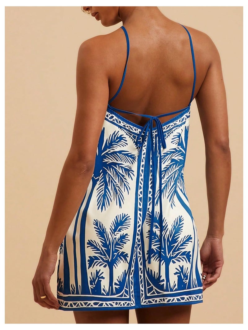 MakeMeChic Women's Backless Dress Tropical Vacation Outfits Halter Cami Summer Boho Beach Mini Dresses Blue and White Small - Image 2