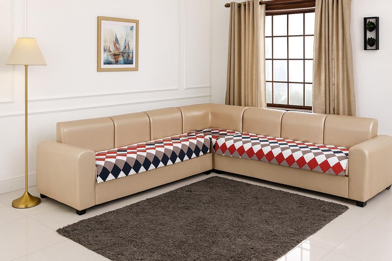 KINGLY Velvet Quilted L-Shape 7 Seater (4+3) Universal Sofa Protector Premium Non-Slip Fit Machine Washable Couch Mat for L-Shaped Sofa Set in Living Room (Navy Pink Beige 2pc Set 23x27 & 90x27) - Image 1