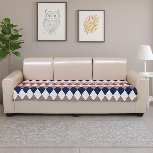 KINGLY Velvet Quilted L-Shape 7 Seater (4+3) Universal Sofa Protector Premium Non-Slip Fit Machine Washable Couch Mat for L-Shaped Sofa Set in Living Room (Navy Pink Beige 2pc Set 23x27 & 90x27) - Image 2