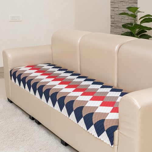 KINGLY Velvet Quilted L-Shape 7 Seater (4+3) Universal Sofa Protector Premium Non-Slip Fit Machine Washable Couch Mat for L-Shaped Sofa Set in Living Room (Navy Pink Beige 2pc Set 23x27 & 90x27) - Image 3
