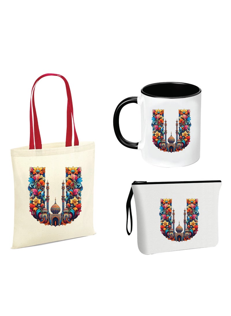 PRINTSHOP4ME Pack of 3 Initial Monogram Gift Set - Black Coffee Mug, Cosmetic Bag and Cotton Tote bag Set - Gift Set for Her - Perfect for Ramadan, School, Travel and Birthday Gift  - Image 1