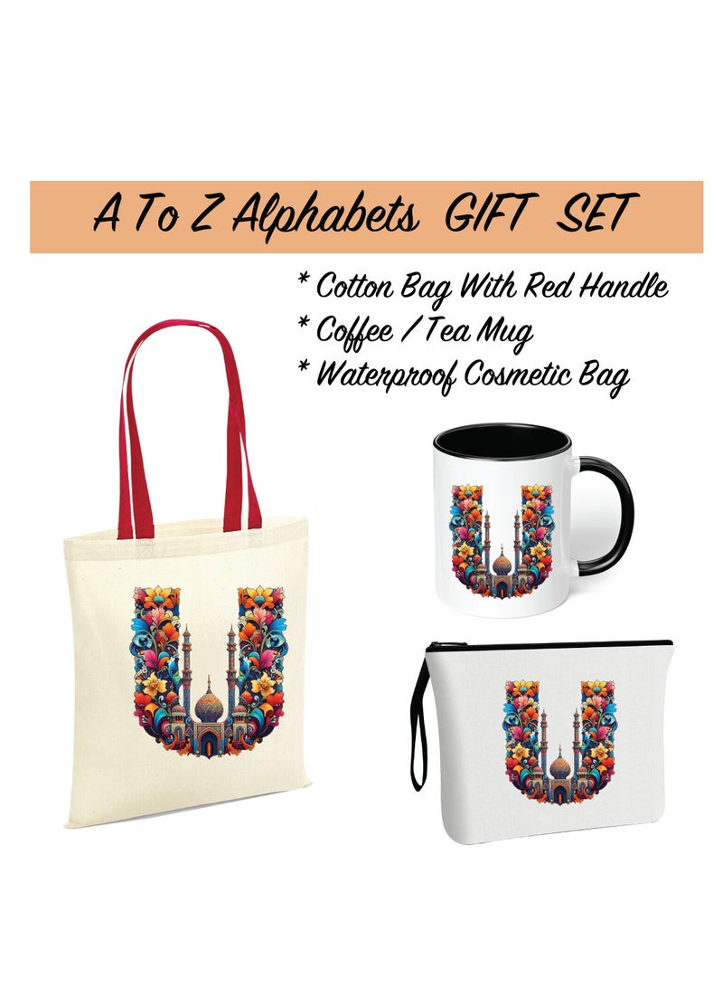 PRINTSHOP4ME Pack of 3 Initial Monogram Gift Set - Black Coffee Mug, Cosmetic Bag and Cotton Tote bag Set - Gift Set for Her - Perfect for Ramadan, School, Travel and Birthday Gift  - Image 2