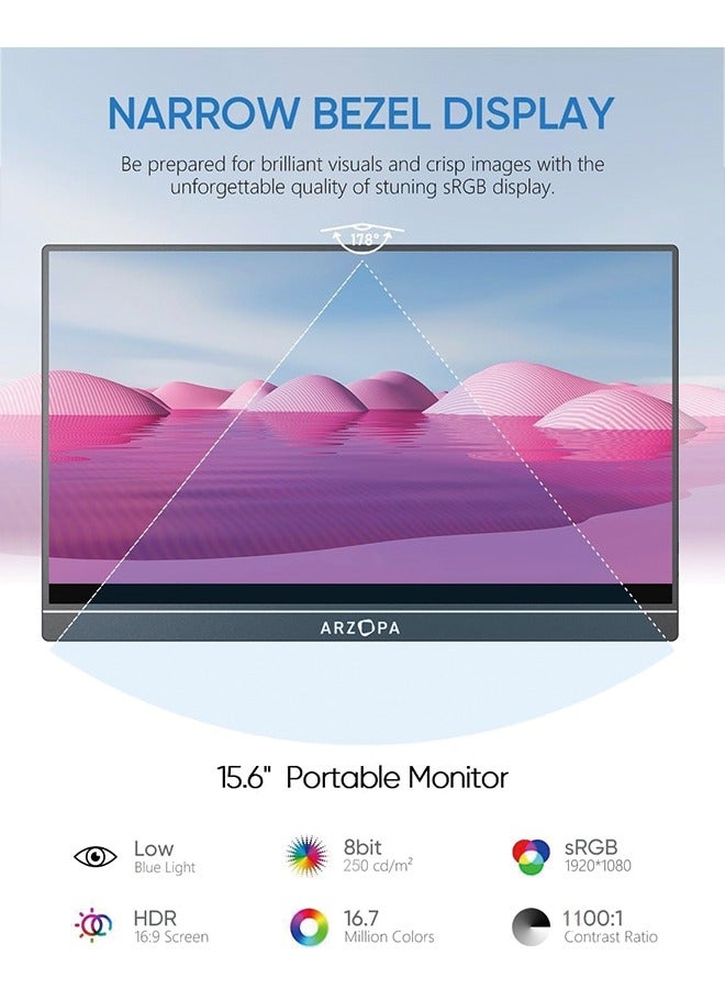 Portable Monitor 15.6'' FHD 1080P - Ultra-Slim Portable Laptop Monitor with Kickstand - IPS Display for PC, MAC, Phone, Xbox, PS5 - USB C & HDMI Connectivity - A1  - Image 5