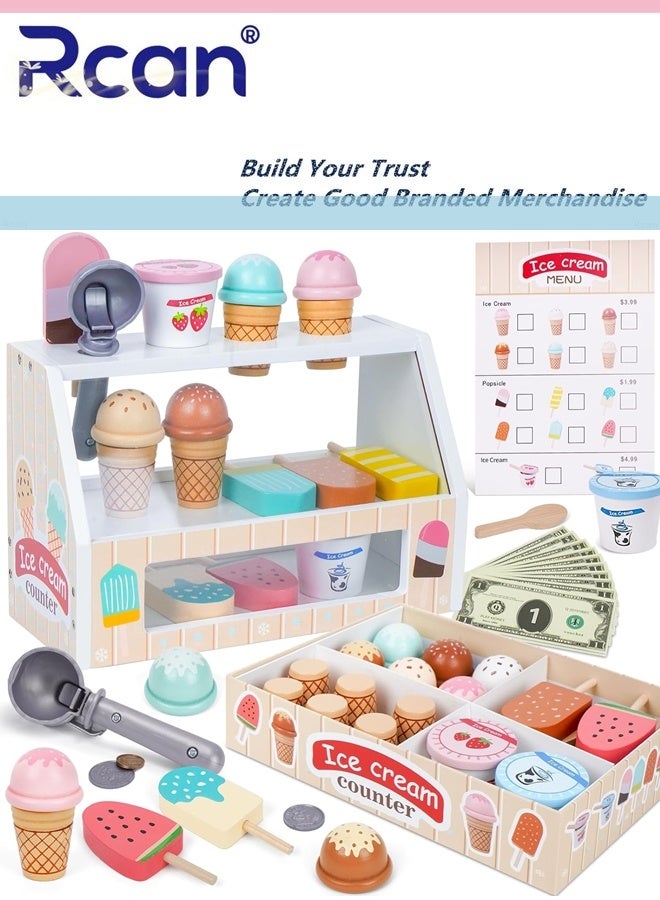 Rcan Wooden Ice Cream Counter Playset for Kids, Toddler Girl Toys Kitchen Playset Pretend Play Gifts for 3 4 5 6 Year Old Girl or Boy, Play Food Scoop and Serve, Play Kitchen Sets for Kids Ages 4-8 - Image 1