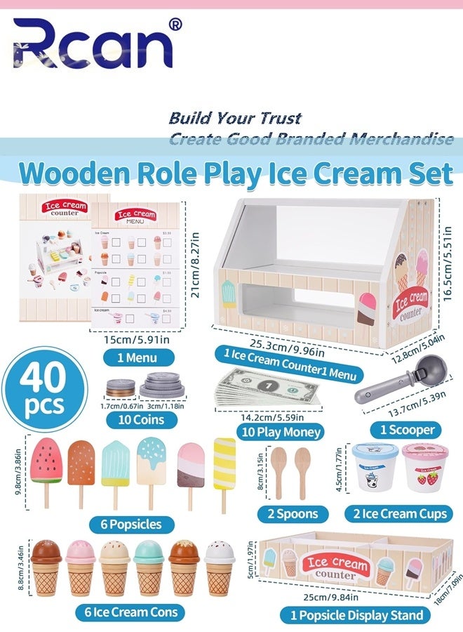 Rcan Wooden Ice Cream Counter Playset for Kids, Toddler Girl Toys Kitchen Playset Pretend Play Gifts for 3 4 5 6 Year Old Girl or Boy, Play Food Scoop and Serve, Play Kitchen Sets for Kids Ages 4-8 - Image 4