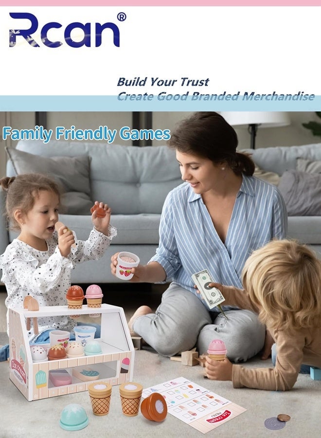 Rcan Wooden Ice Cream Counter Playset for Kids, Toddler Girl Toys Kitchen Playset Pretend Play Gifts for 3 4 5 6 Year Old Girl or Boy, Play Food Scoop and Serve, Play Kitchen Sets for Kids Ages 4-8 - Image 3