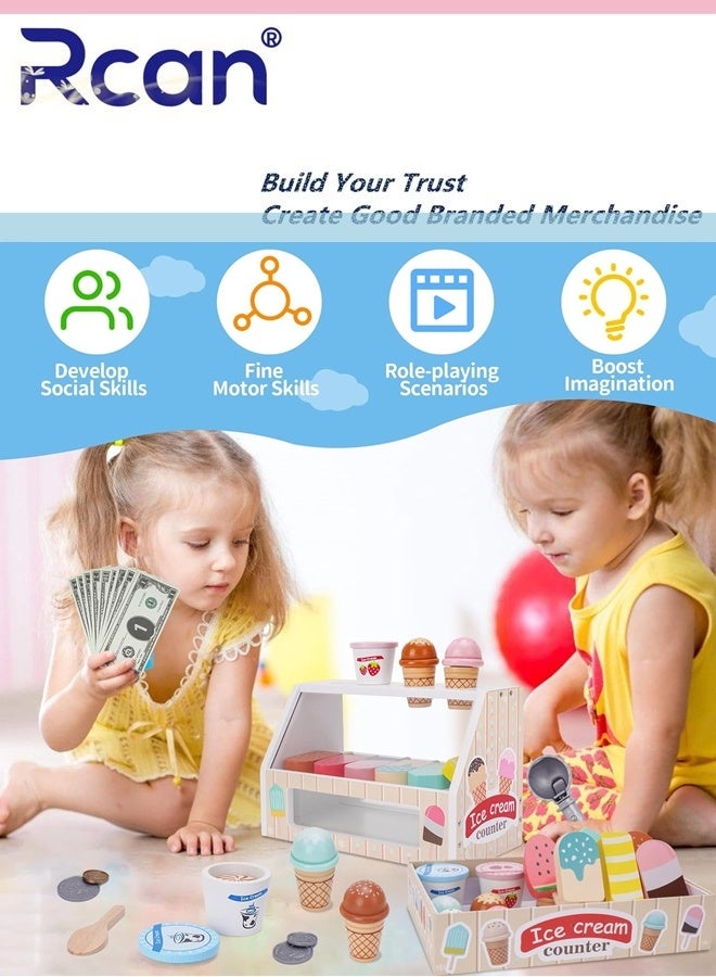 Rcan Wooden Ice Cream Counter Playset for Kids, Toddler Girl Toys Kitchen Playset Pretend Play Gifts for 3 4 5 6 Year Old Girl or Boy, Play Food Scoop and Serve, Play Kitchen Sets for Kids Ages 4-8 - Image 2