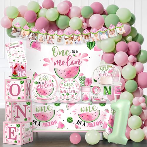 cocomigo 247Pcs One In A Melon Party Decorations Serve 20 Guests One Birthday Decorations Includes Banner Plates Backdrop Tablecloth Balloons First Birthday Decorations for Girl - Image 1