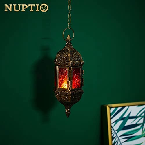 NUPTIO 2 Pcs Hanging Hexagon Decorative Moroccan Candle Lantern Holders, Handmade Hanging Tea Light Holder in Bronze Metal & Red & Purple Glass Gift & Decor Items - Image 3