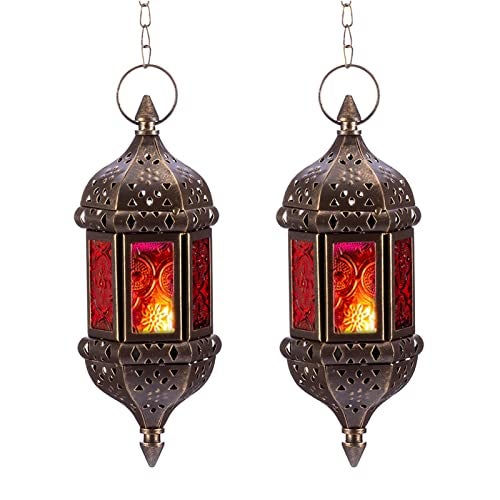 NUPTIO 2 Pcs Hanging Hexagon Decorative Moroccan Candle Lantern Holders, Handmade Hanging Tea Light Holder in Bronze Metal & Red & Purple Glass Gift & Decor Items - Image 1