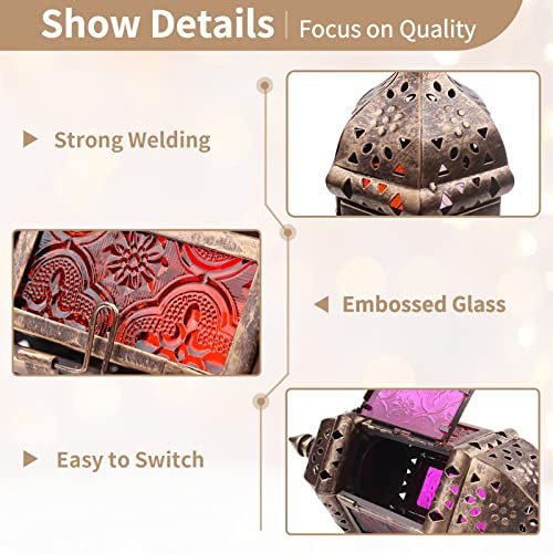 NUPTIO 2 Pcs Hanging Hexagon Decorative Moroccan Candle Lantern Holders, Handmade Hanging Tea Light Holder in Bronze Metal & Red & Purple Glass Gift & Decor Items - Image 5