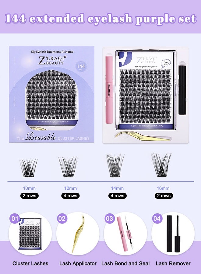 طقم تركيب رموش DIY في المنزل، 144 حزمة رموش فردية مع مادة تثبيت وإغلاق وملقط، رموش صناعية ناعمة ومنتفخة بأطوال مختلطة 10/12/14/16 مم - Image 2