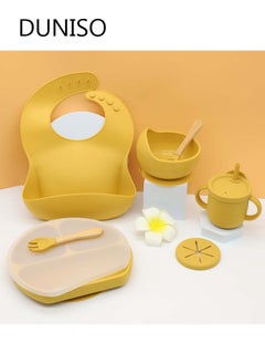DUNISO Silicone Baby Feeding Set in Pumpkin Style Includes Non-BPA Suction Plate with Divider, Suction Bowl, Pocket Bib, Cup Lid, Spoon, Fork, Plate Lid and Sippy Cup  - Image 1