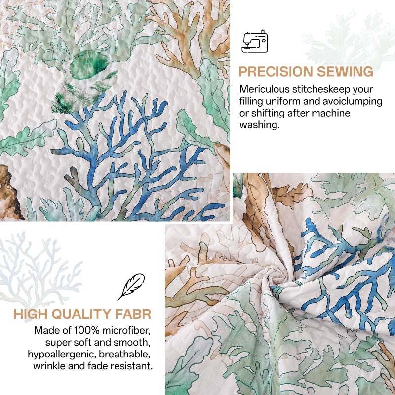 Xruibed Coastal Quilt Set Queen Size Green Nautical Beach Quilt Coverlet Reversible Lightweight Bedspread with 2 Pillowshams Soft Microfiber Quilt Set for All Season 90"x96" - Image 4