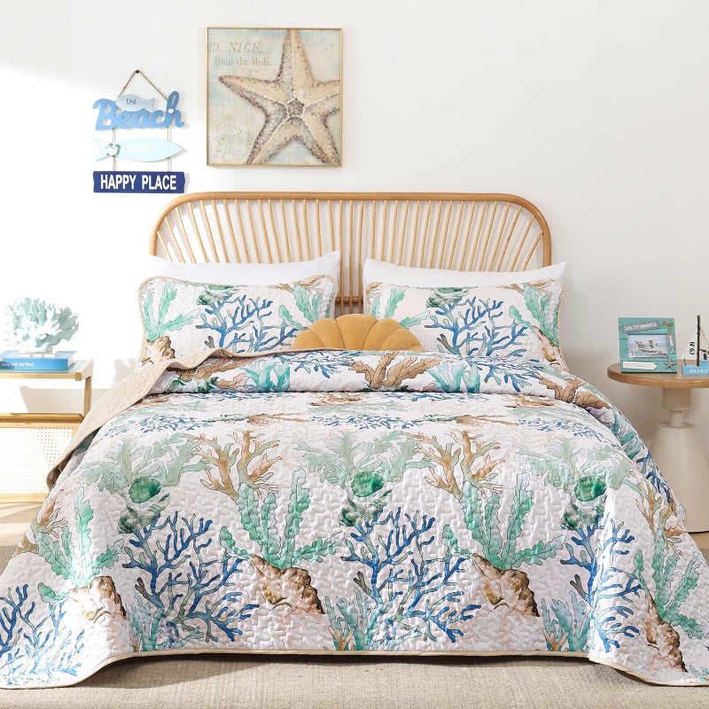 Xruibed Coastal Quilt Set Queen Size Green Nautical Beach Quilt Coverlet Reversible Lightweight Bedspread with 2 Pillowshams Soft Microfiber Quilt Set for All Season 90"x96" - Image 1