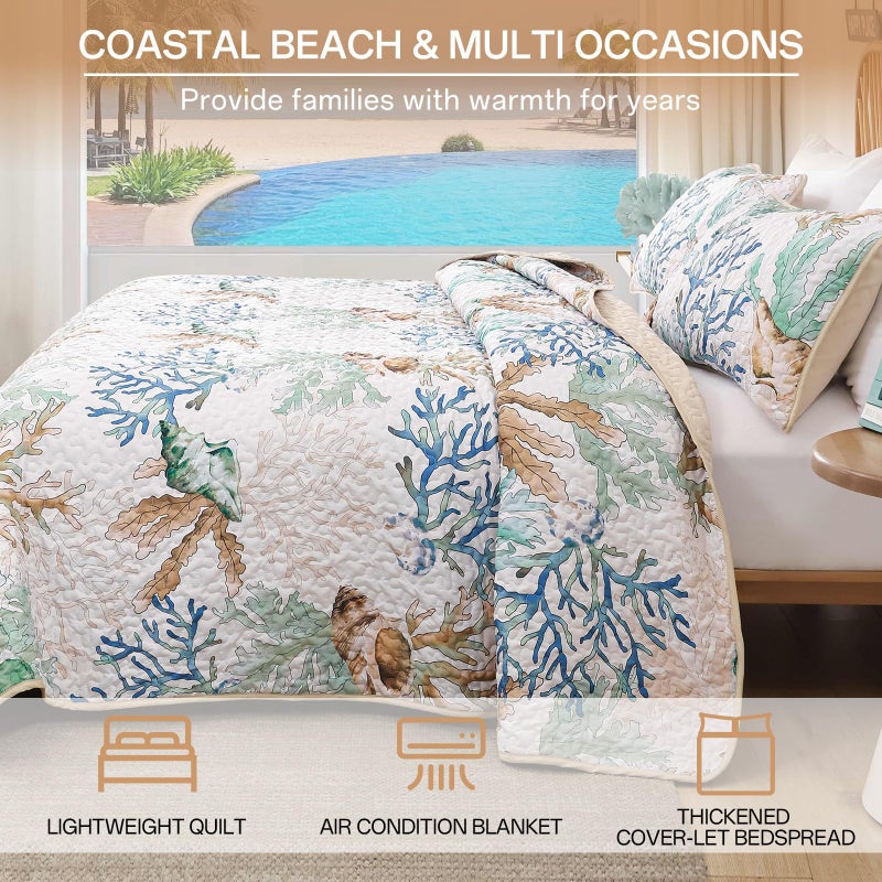 Xruibed Coastal Quilt Set Queen Size Green Nautical Beach Quilt Coverlet Reversible Lightweight Bedspread with 2 Pillowshams Soft Microfiber Quilt Set for All Season 90"x96" - Image 3
