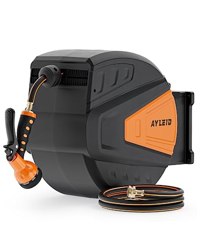 Ayleid Retractable Garden Hose Reel,1/2 in x 130 ft Wall Mounted Hose Reel, with 9- Function Sprayer Nozzle, Any Length Lock/Slow Return System/Wall Mounted/180°Swivel Bracket (Black) - Image 1