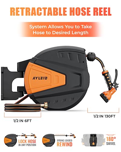 Ayleid Retractable Garden Hose Reel,1/2 in x 130 ft Wall Mounted Hose Reel, with 9- Function Sprayer Nozzle, Any Length Lock/Slow Return System/Wall Mounted/180°Swivel Bracket (Black) - Image 2