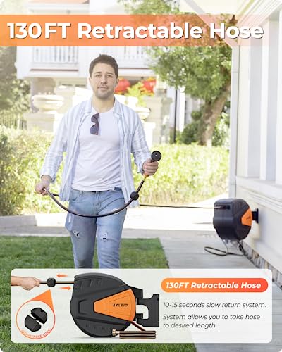 Ayleid Retractable Garden Hose Reel,1/2 in x 130 ft Wall Mounted Hose Reel, with 9- Function Sprayer Nozzle, Any Length Lock/Slow Return System/Wall Mounted/180°Swivel Bracket (Black) - Image 3