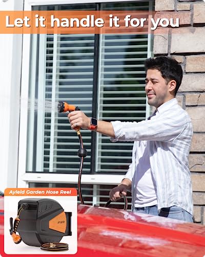 Ayleid Retractable Garden Hose Reel,1/2 in x 130 ft Wall Mounted Hose Reel, with 9- Function Sprayer Nozzle, Any Length Lock/Slow Return System/Wall Mounted/180°Swivel Bracket (Black) - Image 5