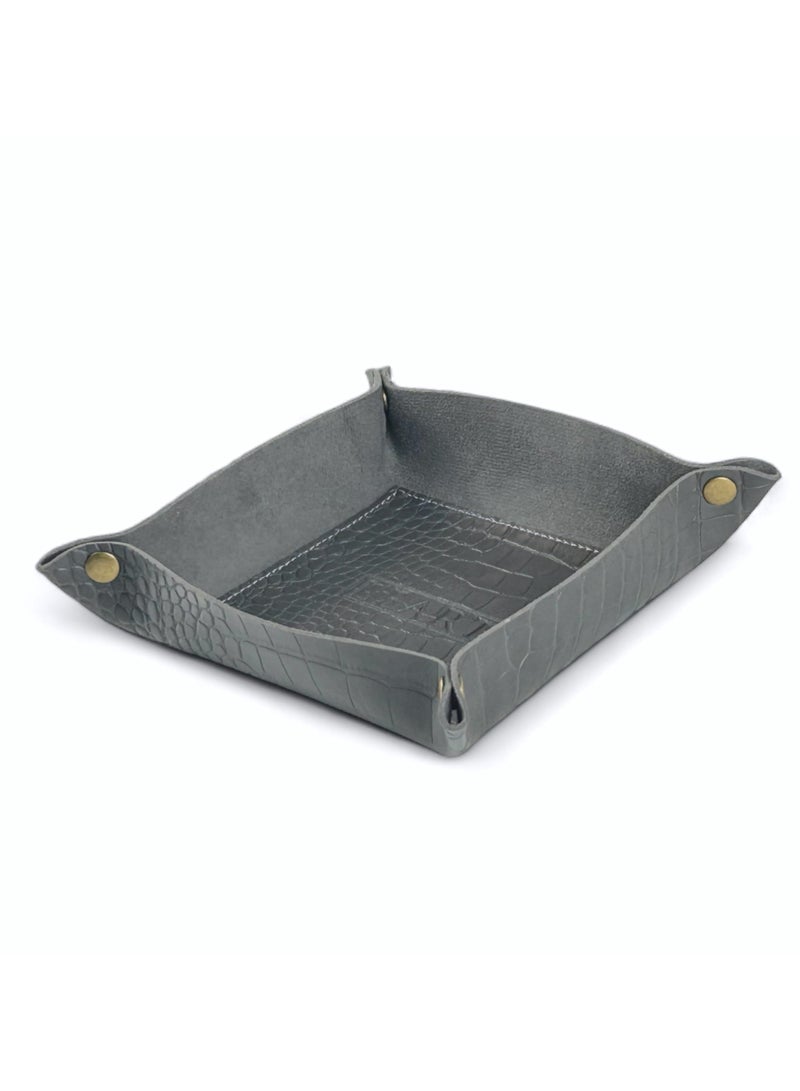 LeArt Leather Valet Tray - Small & Compact Catchall Tray | Desk, Bedside, Home Entrance Entryway Organizer | Leather Tray for Keys, Coins, Stationary, Jewellery (Iron | Crocodile Texture)  - Image 1