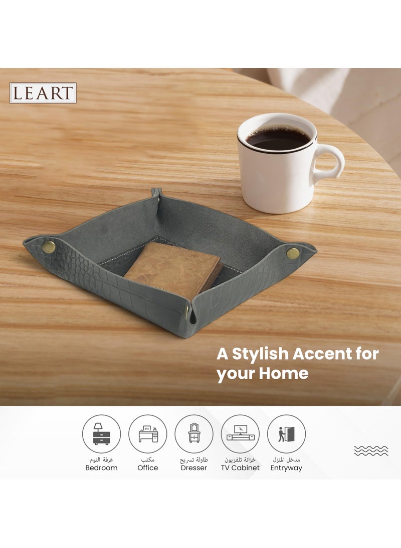 LeArt Leather Valet Tray - Small & Compact Catchall Tray | Desk, Bedside, Home Entrance Entryway Organizer | Leather Tray for Keys, Coins, Stationary, Jewellery (Iron | Crocodile Texture)  - Image 3