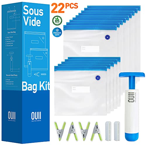 OUII Sous Vide Bags for Joule and Anova Cookers - 15 Reusable BPA-Free Sous Vide Bags with Vacuum Hand Pump in Various Sizes -Vacuum Sealer Bags Food Storage Freezer Safe - Fits Any Sous Vide Machine - Image 1