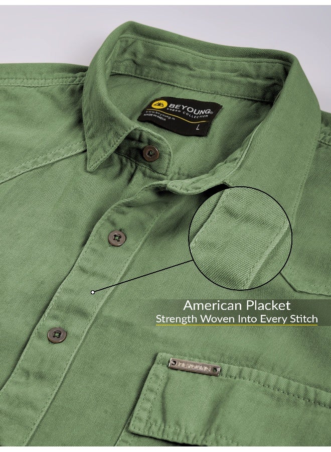 Beyoung Sage Green Over Dyed Denim Shirt for Men  - Image 4