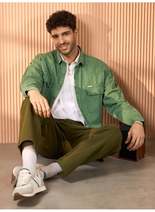 Beyoung Sage Green Over Dyed Denim Shirt for Men  - Image 5
