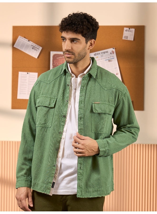Beyoung Sage Green Over Dyed Denim Shirt for Men  - Image 2