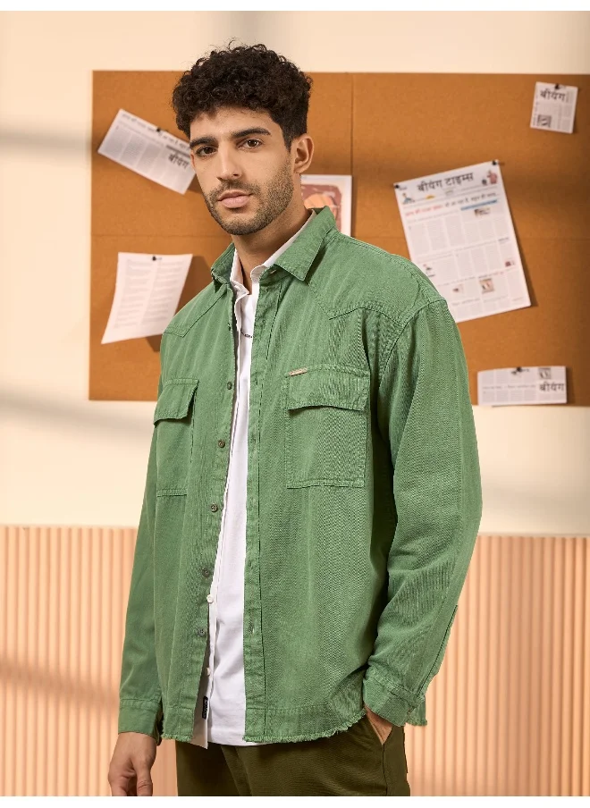 Beyoung Sage Green Over Dyed Denim Shirt for Men