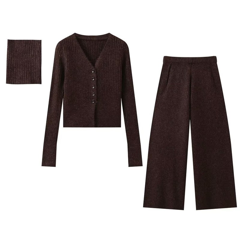 ZA cross-border womens clothing wholesale European and American style new fashion knitted cardigan jacket scarf pants three-piece set Brown three-piece set