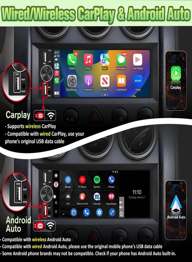 Pyniro 6.36" Single Din Car Stereo with Wireless CarPlay & Android Auto, IPS Touchscreen Head Unit with Backup Camera/External Microphone, Car Radio Supports Bluetooth/SWC/FM/Double USB/Type-C - Image 3