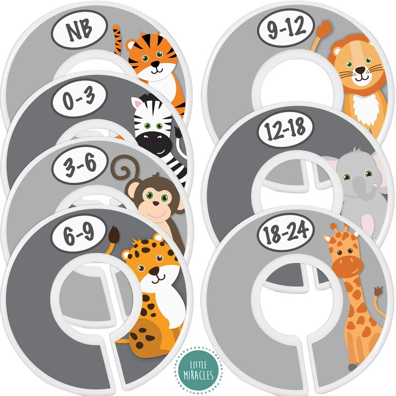 Safari Nursery Closet Size Dividers 7X for Baby Clothes Elephant Giraffe Zebra Lion Monkey Decor for Boy or Girl Safari GreyGray