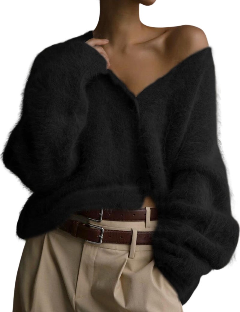 Yimoon Womens Fuzzy Cardigan Sweater V Neck Long Sleeve Button Down Slouchy Furry Knit Sweaters 2025(Black-M) - Image 1