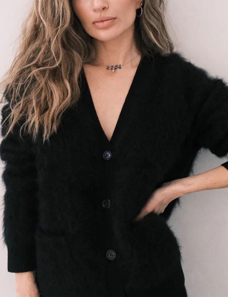 Yimoon Womens Fuzzy Cardigan Sweater V Neck Long Sleeve Button Down Slouchy Furry Knit Sweaters 2025(Black-M) - Image 3