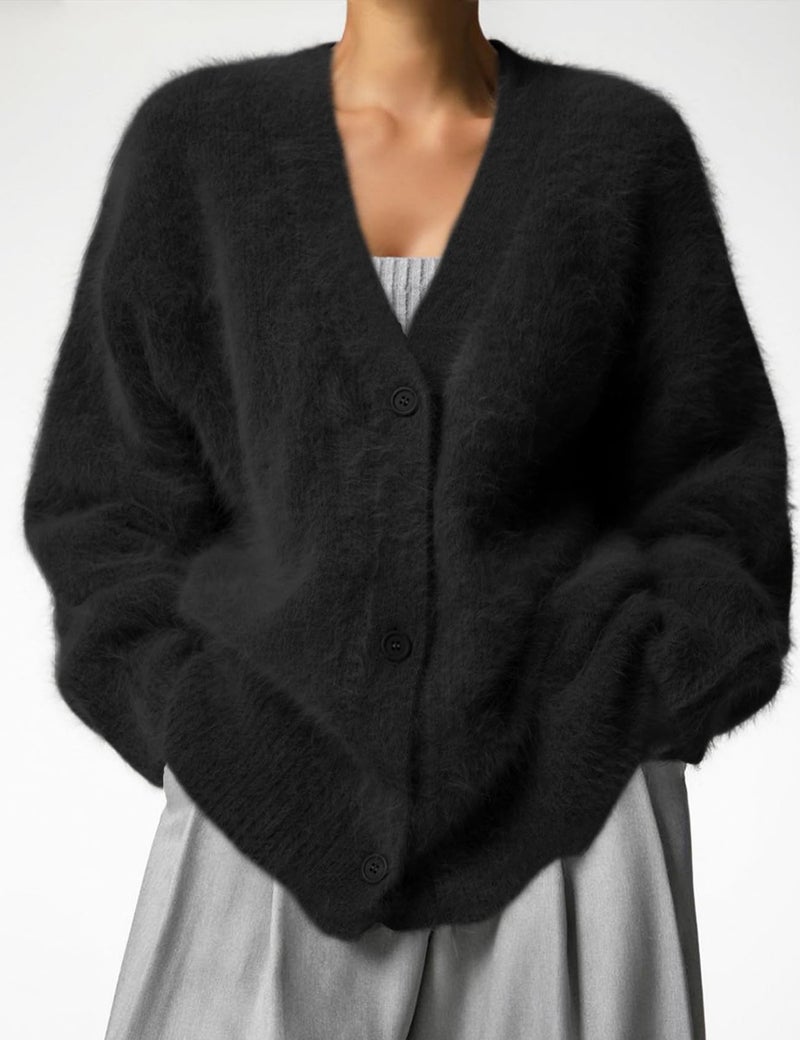 Yimoon Womens Fuzzy Cardigan Sweater V Neck Long Sleeve Button Down Slouchy Furry Knit Sweaters 2025(Black-M) - Image 5