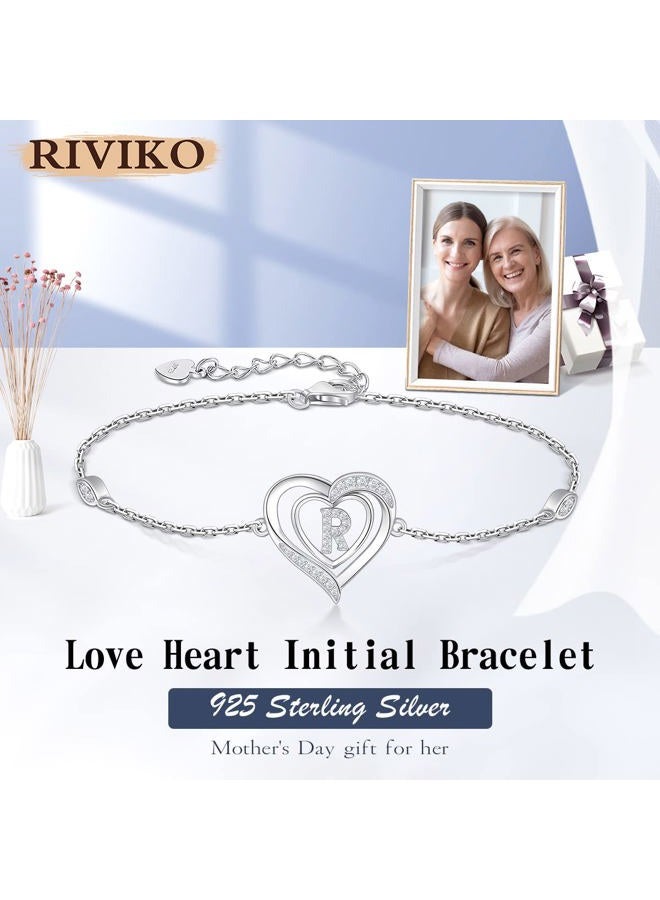 RIVIKO Heart Initial Bracelets for Women, 925 Sterling Silver Dainty Letter Bracelets , Personalized Initial Charm Alphabet Jewelry Valentines Christmas Anniversary Mother's Day Birthday Graduation - Image 2