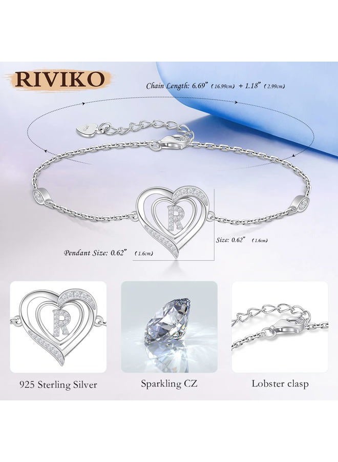 RIVIKO Heart Initial Bracelets for Women, 925 Sterling Silver Dainty Letter Bracelets , Personalized Initial Charm Alphabet Jewelry Valentines Christmas Anniversary Mother's Day Birthday Graduation - Image 5