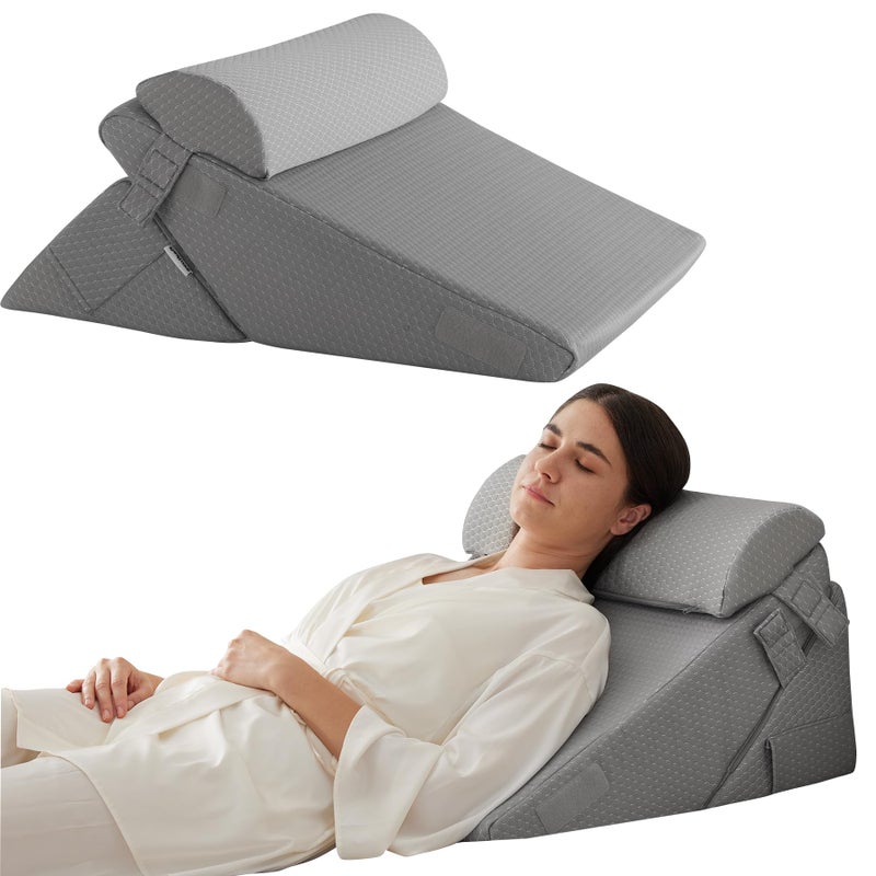 Bedluxe 3Pcs Orthopedic Bed Wedge Pillow Set, Foam Wedge Pillow Post Surgery for Back, Leg and Knee Support, Adjustable 9&12 Inch Folding Triangle Pillow for Sleeping, Acid Reflux, Snoring, Grey - Image 1
