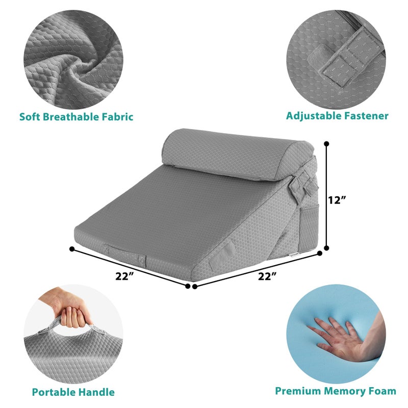 Bedluxe 3Pcs Orthopedic Bed Wedge Pillow Set, Foam Wedge Pillow Post Surgery for Back, Leg and Knee Support, Adjustable 9&12 Inch Folding Triangle Pillow for Sleeping, Acid Reflux, Snoring, Grey - Image 5