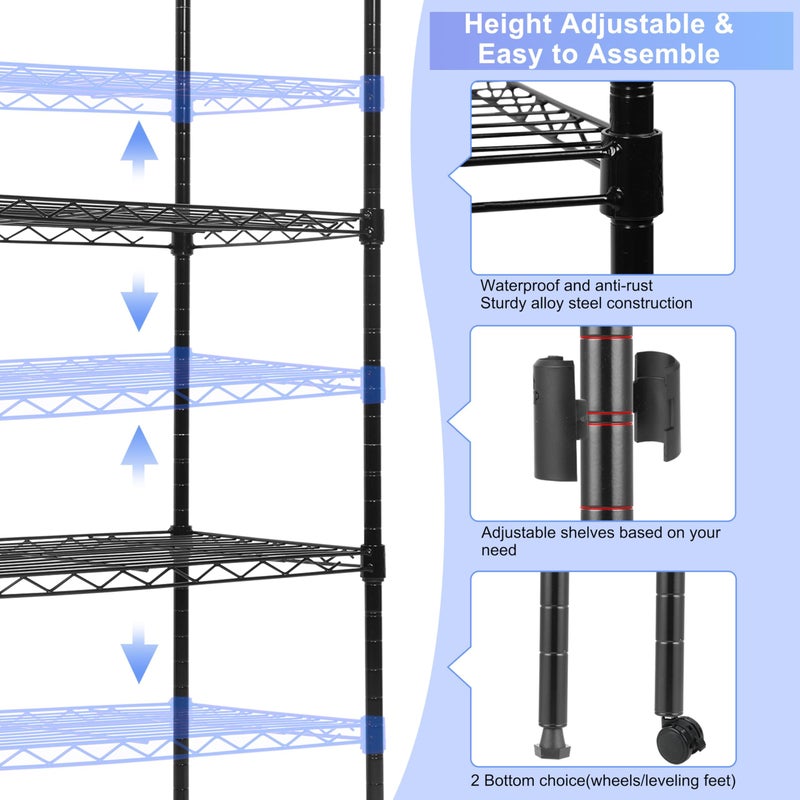 Whitmor 5 Tier Metal Storage Shelves, Heavy Duty with 4 Wheels & Adjustable Feet, 400 lbs Capacity per Shelf, Max 2000 lbs Total for Home, Garage, Workshop, 36" L x 14" W x 60" H, Black - Image 4