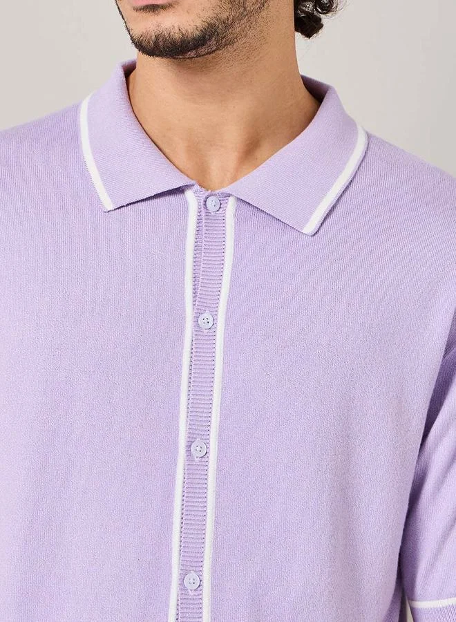 Styli Relaxed Fit Texture Shirt with Contrast Piped Detail