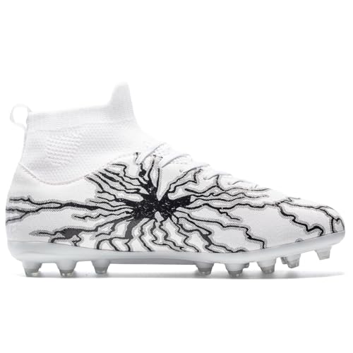 HRJR Kids Soccer Cleats Boys Girls Training Football Cleats Youth High-top Soccer Shoes for Little/Big Professional Athletic Outdoor Football Shoes White 7 Big Kid - Image 3