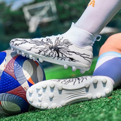 HRJR Kids Soccer Cleats Boys Girls Training Football Cleats Youth High-top Soccer Shoes for Little/Big Professional Athletic Outdoor Football Shoes White 7 Big Kid - Image 2