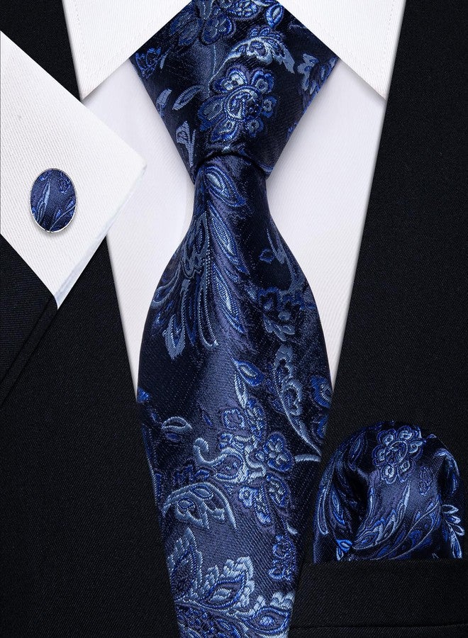 YourTies Paisley Tie Sets Floral Necktie Handkerchief Cufflinks Set Silk Woven Ties Business Wedding Party, A Navy Blue Floral, M - Image 4