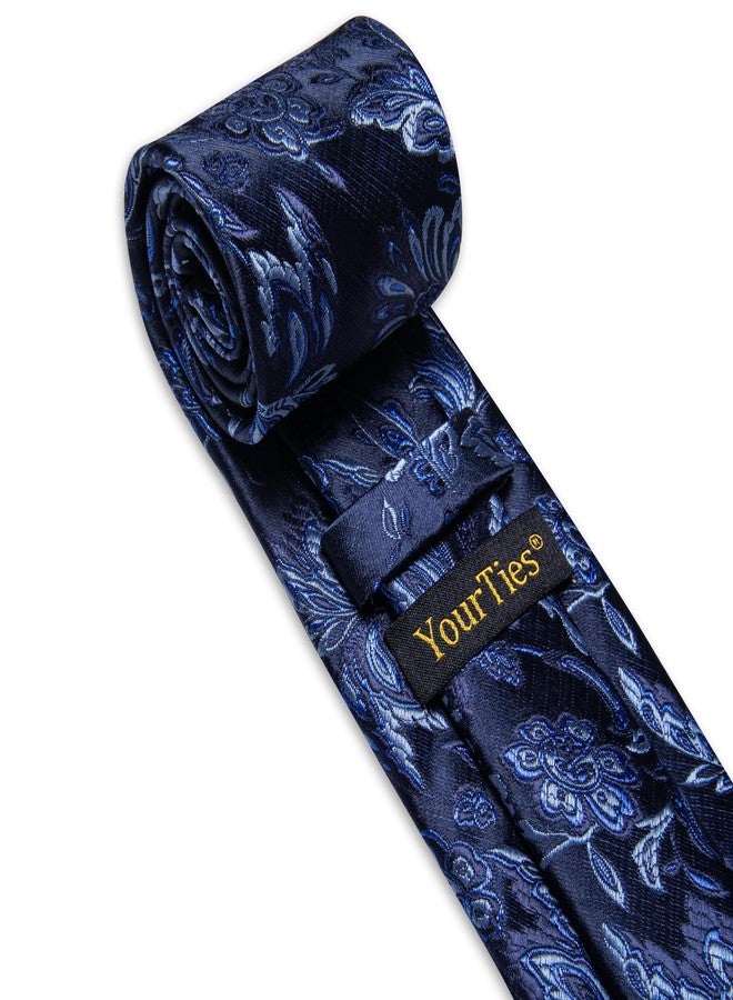 YourTies Paisley Tie Sets Floral Necktie Handkerchief Cufflinks Set Silk Woven Ties Business Wedding Party, A Navy Blue Floral, M - Image 3